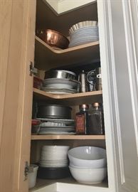 Lots of kitchen items, dishes, pots & pans & serving pieces 