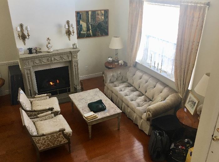 Formal living room with tufted velvet sofa &  arm chairs 