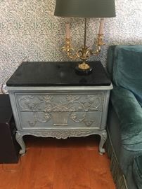 Marble top end table , antique lamp