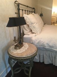 Antique marble top table & black iron Full size bed