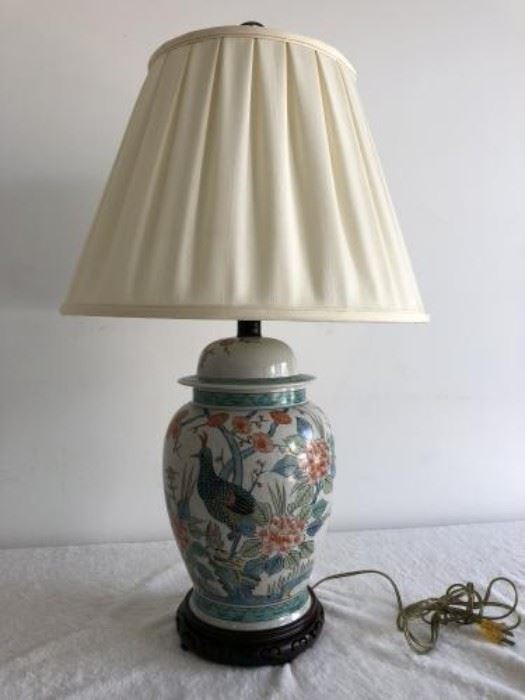 Asian Bird Lamp with Wooden Base, Crackle Finish, Asian Finial