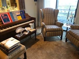 Acrosonic Piano by Baldwin. Sheet music, assorted, milk glass pieces, reclining chairs, and more home decor. 