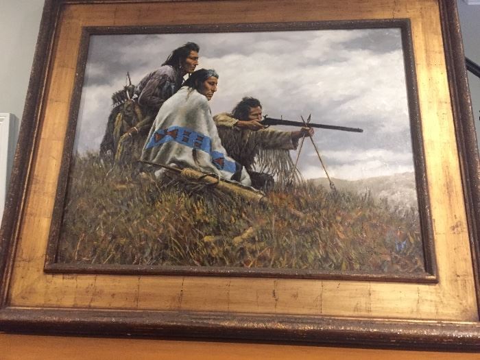 Very large original painting of Native Americans firing a rifle