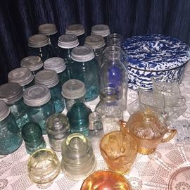 blue canning jars, graniteware, depression glass