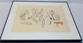 Quarliksaq "Men Jiggling Fish" 1978 Stonecut & Stencil 22/50