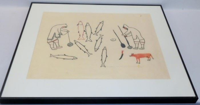 Quarliksaq "Men Jiggling Fish" 1978 Stonecut & Stencil 22/50