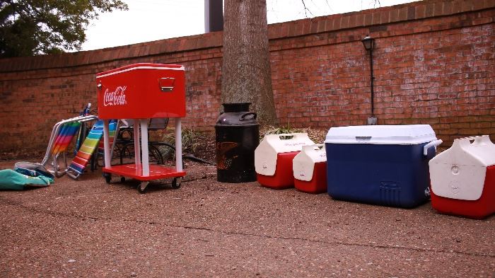 Assorted coolers, CocaCola cooler on wheels
