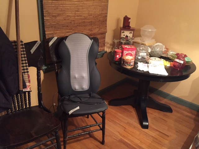 Antique chairs, table, glassware collectables, and electric massage chair