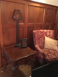 End table and one of two upholstered chairs