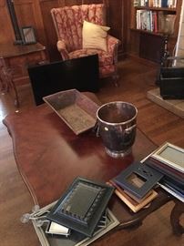 Coffee table, ice bucket and primitive wooden tray