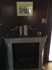 Great repurposed fireplace mantle with granite top