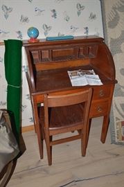 Childs' roll top desk and chair