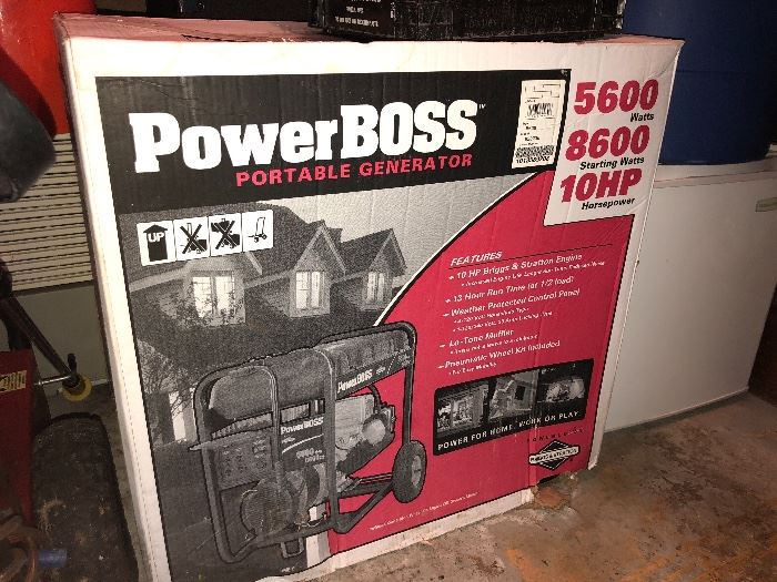 PowerBOSS Portable Generator 5600 Watts, 10HP. This is brand NEW - never taken out of the box and my client built a wooden frame with cover that it can be housed in outside so it does not get covered in the snow! Winter is not over yet!