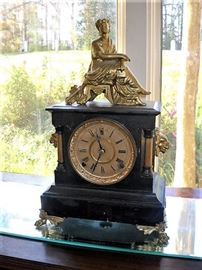 WOOD MANTLE CLOCK WITH LION HEADS AND LADY FIGURINE