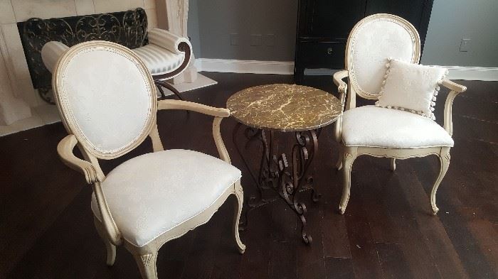 Pair of French Style Armchairs shown with Iron Table w/ Marble Top
