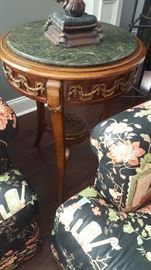 French Style Side Table w/ Marble Top, Inlay and Brass Trim