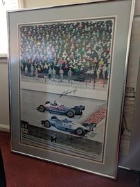 The closest finish in Indy 500 history - original painting by Robert Huey; signed by Al Unser Jr. and Scott Goodyear. Incredible, one-of-a-kind piece!