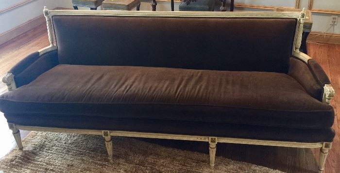 49. French Carved Brown Velvet Painted Sofa (81" x 32" x 32")