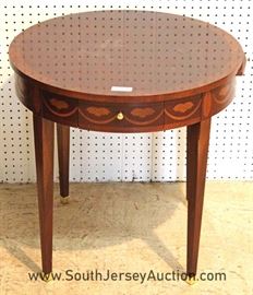Round Banded and Inlaid 2 Drawer Tea Table with Pull Outs by "Baker Furniture" with Paperwork 