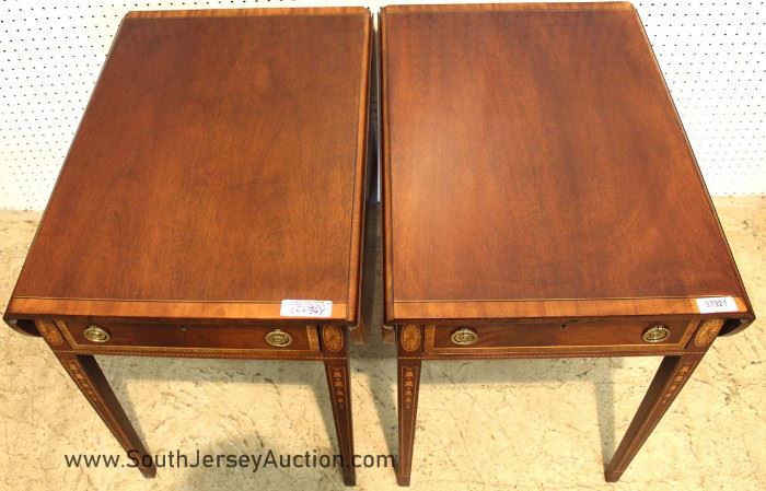PAIR Solid Mahogany Banded and Inlaid Drop Side Pembroke Tables by "Wellington Hall Furniture" 