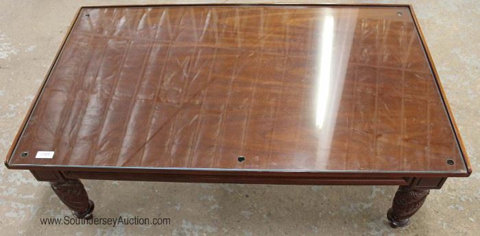 QUALITY Mahogany Coffee Table with Acanthus Carved Legs and Custom Glass Top in the Manner of Maitland Smith 
