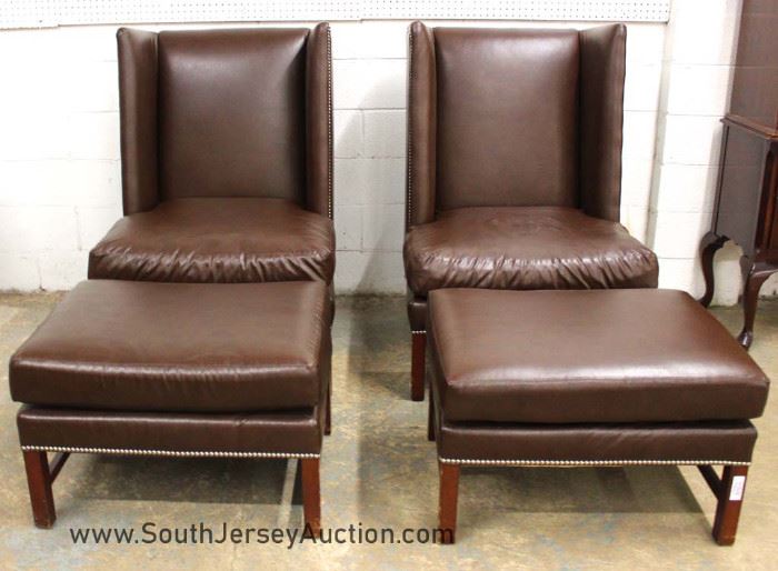 PAIR of Brown Leather Style High Back Chairs with Ottomans 