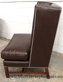 PAIR of Brown Leather Style High Back Chairs with Ottomans 