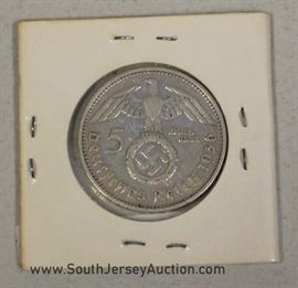 1936-F 5 Reichts Mark Silver Coin 