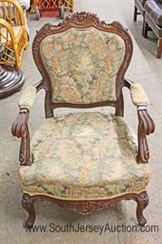2 Piece Carved French Style Upholstered Arm Chair and Ottoman