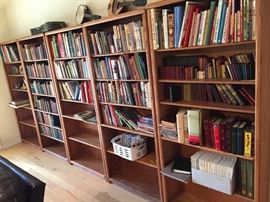 Five Wood Book Cases, lots of books, Several nice Bookends...