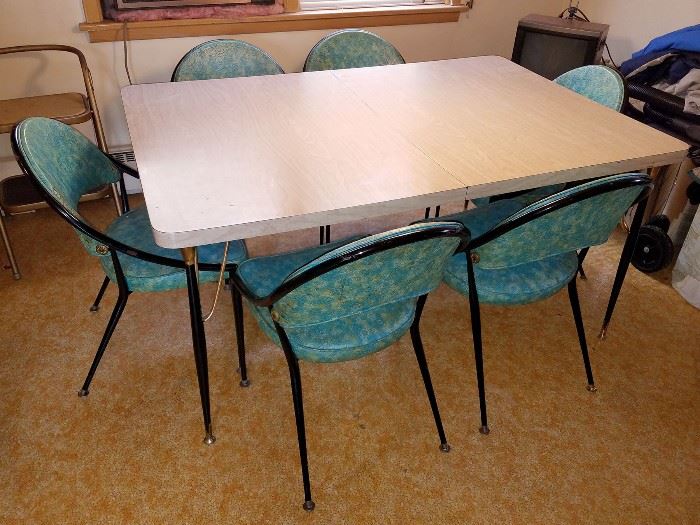 Retro formica table and teal chairs! (made by Virtue Brothers of California)