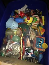 Vintage toys. Wooden Fisher Price pull toys, aluminum toy dishes and more