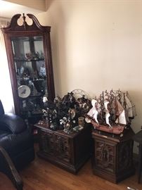 Lighted curio cabinet and occasional tables