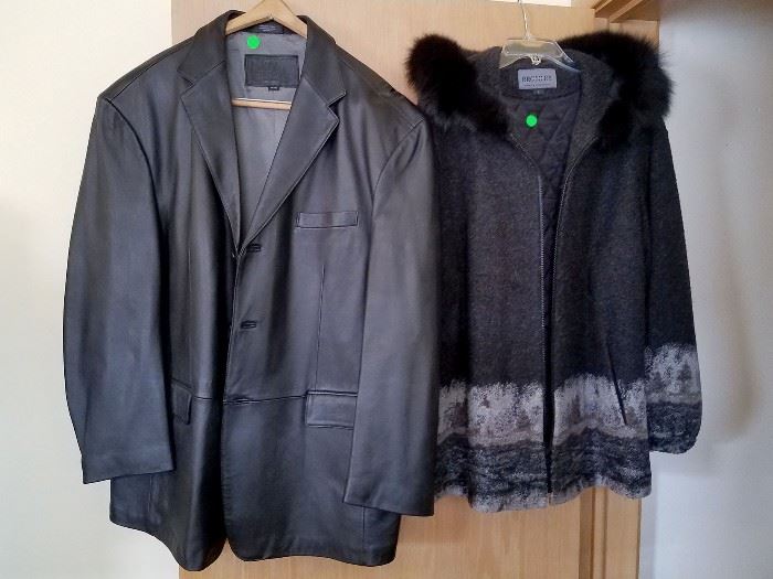 New men's leather coat and Woman's coat with fox fur collar