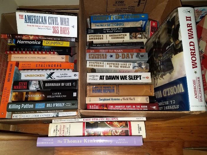 Lots of books on war, cooking and more