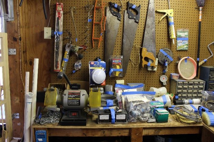 CRAFTSMAN BENCH GRINDER, HAND SAWS AND LOT MORE