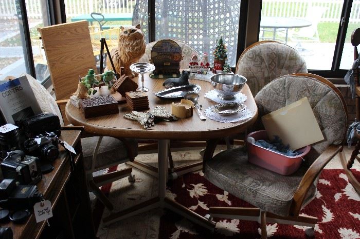 SOME OF THE STERLING AND SILVER PLATE, DINETTE TABLE (WITH LEAVE AND 4 CHAIRS), AND MISC. ITEMS