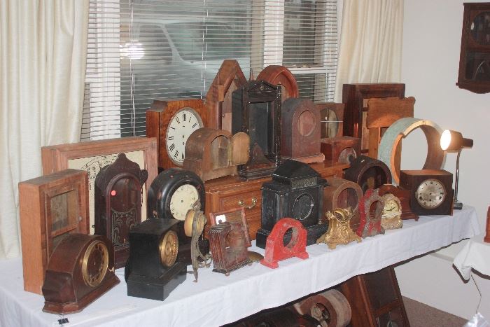 HUGE collection of Clock cases, faces, hands, mechanisms. Great for repurposing. 