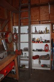 Huge collection of vintage tools, wooden ladder, motors, hubcaps, tool boxes, etc..