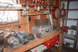 Huge collection of vintage tools, wooden ladder, motors, hubcaps, tool boxes, etc..