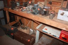 Huge collection of vintage tools, wooden ladder, motors, hubcaps, tool boxes, etc..