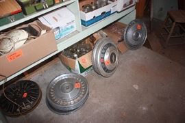 Huge collection of vintage tools, wooden ladder, motors, hubcaps, tool boxes, etc..