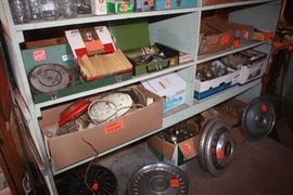 Huge collection of vintage tools, wooden ladder, motors, hubcaps, tool boxes, etc..