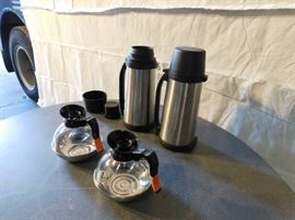 Lot of 2 Stainless Steel Thermos' and Two Coffee P...
