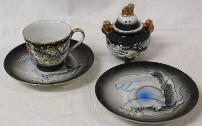 Dragonware Censer, Tea Cup, and 2 Saucers. Lady IN ...