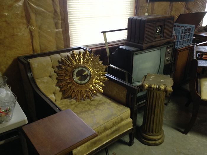 French Provincial Chair, mid century clock, plant stands, radio that needs love