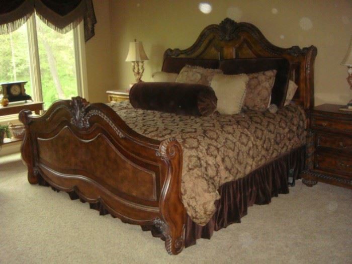 King Bed with 2 nightstands Armoire, Dresser and Mirror.  Comforter and some of the accent pillows are also available