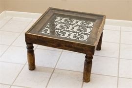 Rustic Look Table.  Wood, Glass and iron.  $30.00 (as is)