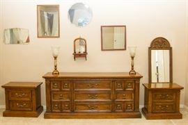 SOLD:  DRESSER, LAMPS and RECTANGULAR MIRROR.  Still available:  Pecan Finish, Pillar Sides, 2 drawer Night Stands.  23"h x 26"w x 16"d:  $49.50 ea.   Arch Crest Mirrors.  2 available.  Square Mirror:  $15.00  Antique Mirror Sconce:  45.00  Antique Beveled Round Mirror:  $60.00    Art Deco Beveled Mirror:  $45.00  