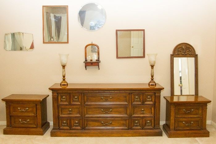 SOLD: DRESSER, LAMPS and RECTANGULAR MIRROR. Still available: Pecan Finish, Pillar Sides, 2 drawer Night Stands. 23"h x 26"w x 16"d: $49.50 ea. Arch Crest Mirrors. 2 available. Square Mirror: $15.00 Antique Mirror Sconce: 45.00 Antique Beveled Round Mirror: $60.00 Art Deco Beveled Mirror: $45.00
